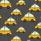 Cartoon NYC taxi pattern. Cute yellow cab cars wallpaper. Auto decoration print. Driver service urban print