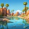 Cartoon Oasis: Detailed Landscape With Water, Palm Trees, And Reflections