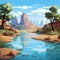Cartoon Oasis: A Grandiose Cowboy Landscape With Reflective Water