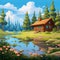 Cartoon Oasis: Hyperrealistic Forest Scene With Log Cabin
