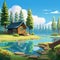 Cartoon Oasis Serene Lake Cabin In Vibrant Landscape