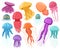 Cartoon ocean jellyfish. Marine underwater jellyfish, ocean sea transparent creatures vector isolated illustration set