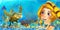 Cartoon ocean scene and the mermaid princess in underwater kingdom swimming and having fun near sunken pirate ship illustration