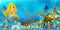 Cartoon ocean scene and the mermaid princess in underwater kingdom swimming and having fun near sunken pirate ship illustration