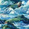 Cartoon ocean scene with waves and hills in neo-impressionism style (tiled