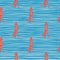 Cartoon ocean seamless pattern with orange bright squid shapes. Blue striped background