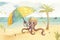 A cartoon octopus holding an umbrella on a beach. AI generative image.