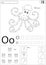 Cartoon octopus, owl and onion. Alphabet tracing worksheet: writ