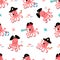 Cartoon octopus seamless pattern. Pirates print, cute underwater animal doodle graphic. Boy girl fabric template