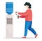 Cartoon office worker carries paper glasses to water dispenser to put hot water for coffee or tea