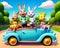 Cartoon old car bunny rabbit road travel tour comic smile happy face