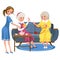 Cartoon old friends knitting sitting on sofa