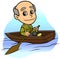 Cartoon old man character in wooden brown rowboat