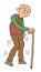 Cartoon old man has a cane he can hardly walk, vector illustration