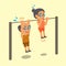 Cartoon old man and old woman doing chin ups exercise together