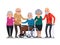 Cartoon old people. Happy aged citizens, disabled senior on wheelchair and elderly citizen with a cane cartoon vector