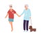 Cartoon old people walking with dog together. Senior persons holding hands. Man and woman lead puppy on leash. Aged