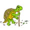 Cartoon old tortoise walking slowly with stick