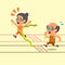 Cartoon old woman winning a race before old man