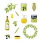 Cartoon Olive Oil Elements Set. Vector