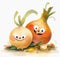 Cartoon onions with funny smiling faces. Watercolor illustration for children\\\'s book. Generative AI