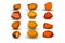 Cartoon orange, brown stones. Rock stone isometric set. Colorful boulders, natural building block shapes, wall stones