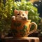 Cartoon Orange Kitten In Teacup On Green Plant - Caras Ionut Style