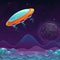 Cartoon orange UFO flying under the alien slimy landscape.
