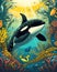 Cartoon Orca colorful illustration happy underwater whale swimming in coral reef