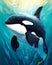 Cartoon Orca colorful illustration happy underwater whale swimming in coral reef