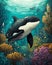 Cartoon Orca colorful illustration happy underwater whale swimming in coral reef