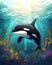 Cartoon Orca colorful illustration happy underwater whale swimming in coral reef