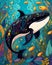 Cartoon Orca colorful illustration happy underwater whale swimming in coral reef