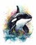 Cartoon Orca watercolor illustration happy underwater whale swimming in coral reef