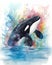 Cartoon Orca watercolor illustration happy underwater whale swimming in coral reef