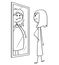 Cartoon of Ordinary Nice and Slim Woman or Girl Looking at Herself at Mirror and Seeing Yourself Ugly, Fat and Obese