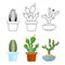 Cartoon and outline cactus set icons