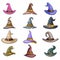 Cartoon outline witch hat decoration halloween icons set isolated design vector illustration