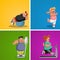 Cartoon over weight athletes training. Fat people working out.