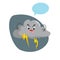 Cartoon overcast storm cloud with thunderstorm mascot. Weather rain and storm symbol. Speaking character with dummy speech bubble.