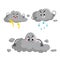 Cartoon overcast storm cloud with thunderstorm mascotsset. Weather rain and storm symbols. Vector illustration icons