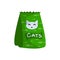 Cartoon package with cat food. Domestic animals meal. Green bag for feline feed. Pets nutrition template. Isolated