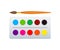 Cartoon paintbrush and palette of paints seven colors of rainbow. Vector stock illustration