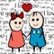 Cartoon painted lovers boy and girl with heart on font background