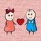 Cartoon painted lovers boy and girl with heart on font background