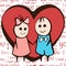 Cartoon painted lovers boy and girl with heart on font background