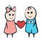 Cartoon painted lovers boy and girl with heart on a white background.