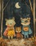 Cartoon painting of three animals in Halloween costumes by moonlit window