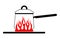 Cartoon pan with a handle and the lid closed on a red gas stove. Image kitchen pan in the fire. Illustration