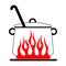 Cartoon pan with the lid closed on a red gas stove. Vector image kitchen pan in the fire. Vector illustration